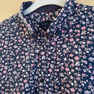 Zara Men's Dark Blue Floral Button Down Shirt